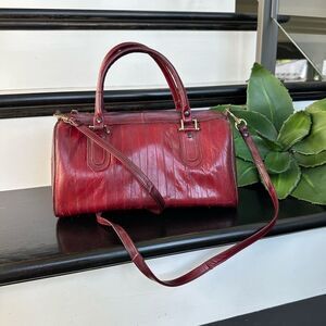 Genuine Eel Skin Leather Satchel Crossbody Shoulder Bag Deep Burgundy Red Purse